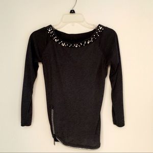 NWOT Super Cute Grey long sleeve top w/ pearl-like embellishments around collar